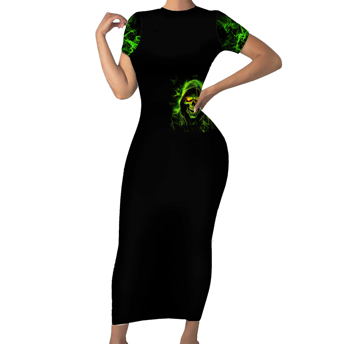 Black short-sleeve bodycon maxi dress with neon green graphic print at chest