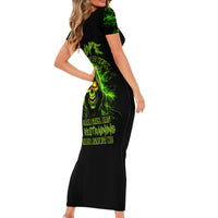 Black short-sleeve bodycon maxi dress with neon green graphic print on front