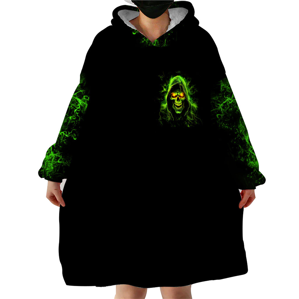 Black wearable blanket hoodie, green skull print, oversized hood and front pocket