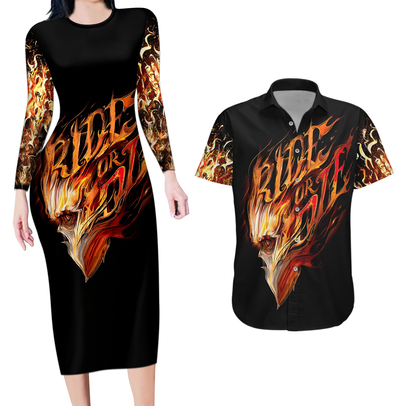 Fire Skull Couples Matching Long Sleeve Bodycon Dress and Hawaiian Shirt Flame SKull Ride Or Die - Wonder Print Shop