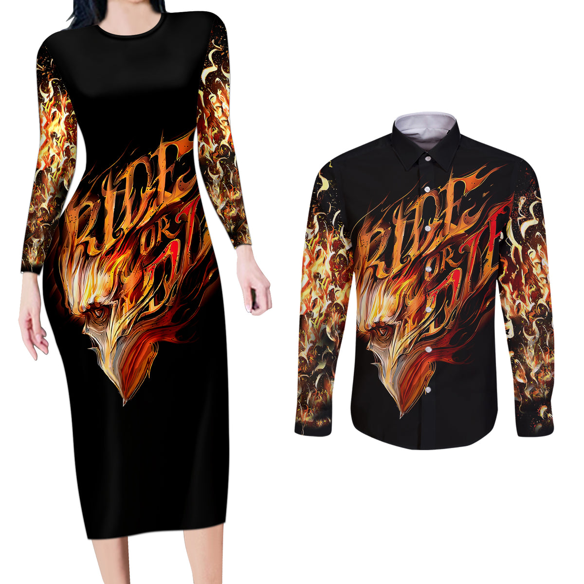 Fire Skull Couples Matching Long Sleeve Bodycon Dress and Long Sleeve Button Shirts Flame SKull Ride Or Die - Wonder Print Shop
