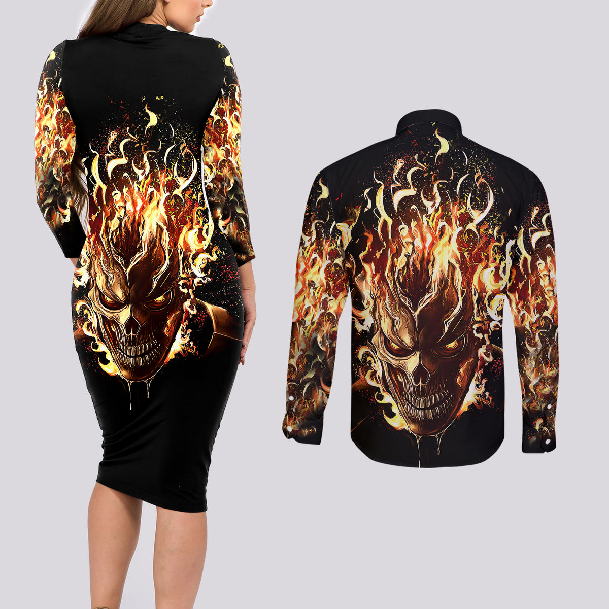 Fire Skull Couples Matching Long Sleeve Bodycon Dress and Long Sleeve Button Shirts Flame SKull Ride Or Die - Wonder Print Shop