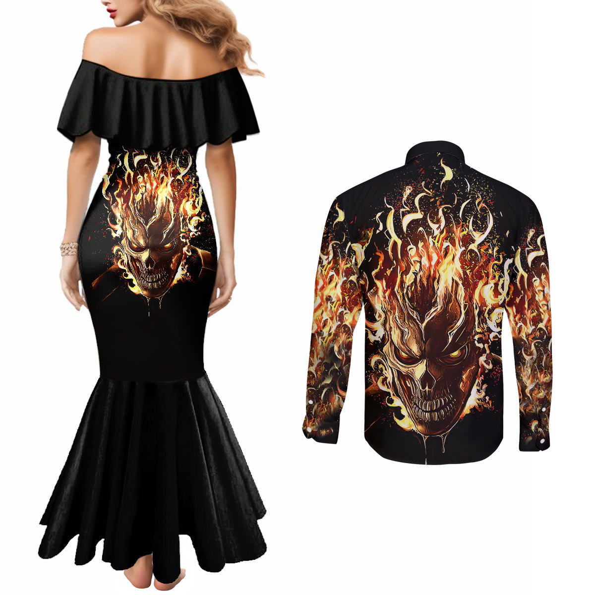 fire-skull-couples-matching-mermaid-dress-and-long-sleeve-button-shirts-flame-skull-ride-or-die