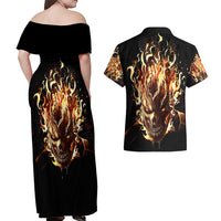 Fire Skull Couples Matching Off Shoulder Maxi Dress and Hawaiian Shirt Flame SKull Ride Or Die - Wonder Print Shop