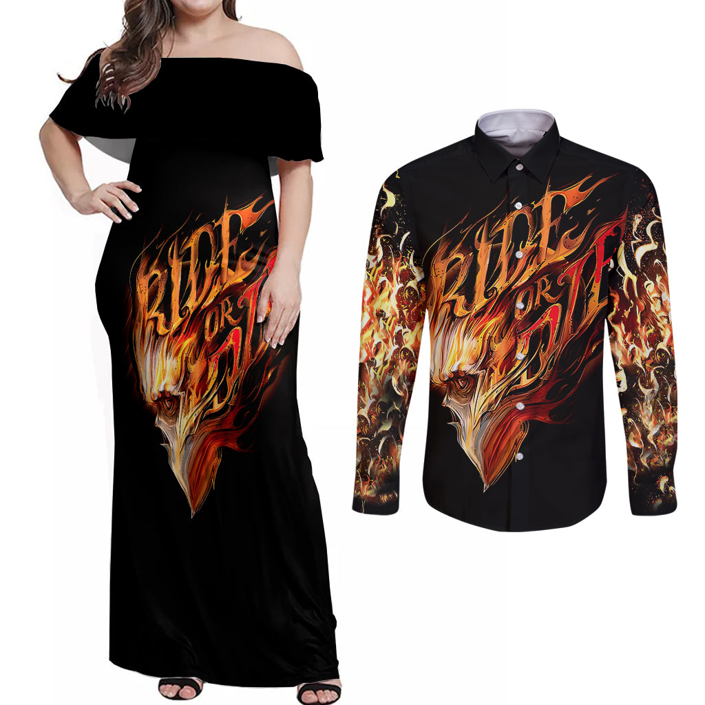 Fire Skull Couples Matching Off Shoulder Maxi Dress and Long Sleeve Button Shirts Flame SKull Ride Or Die - Wonder Print Shop