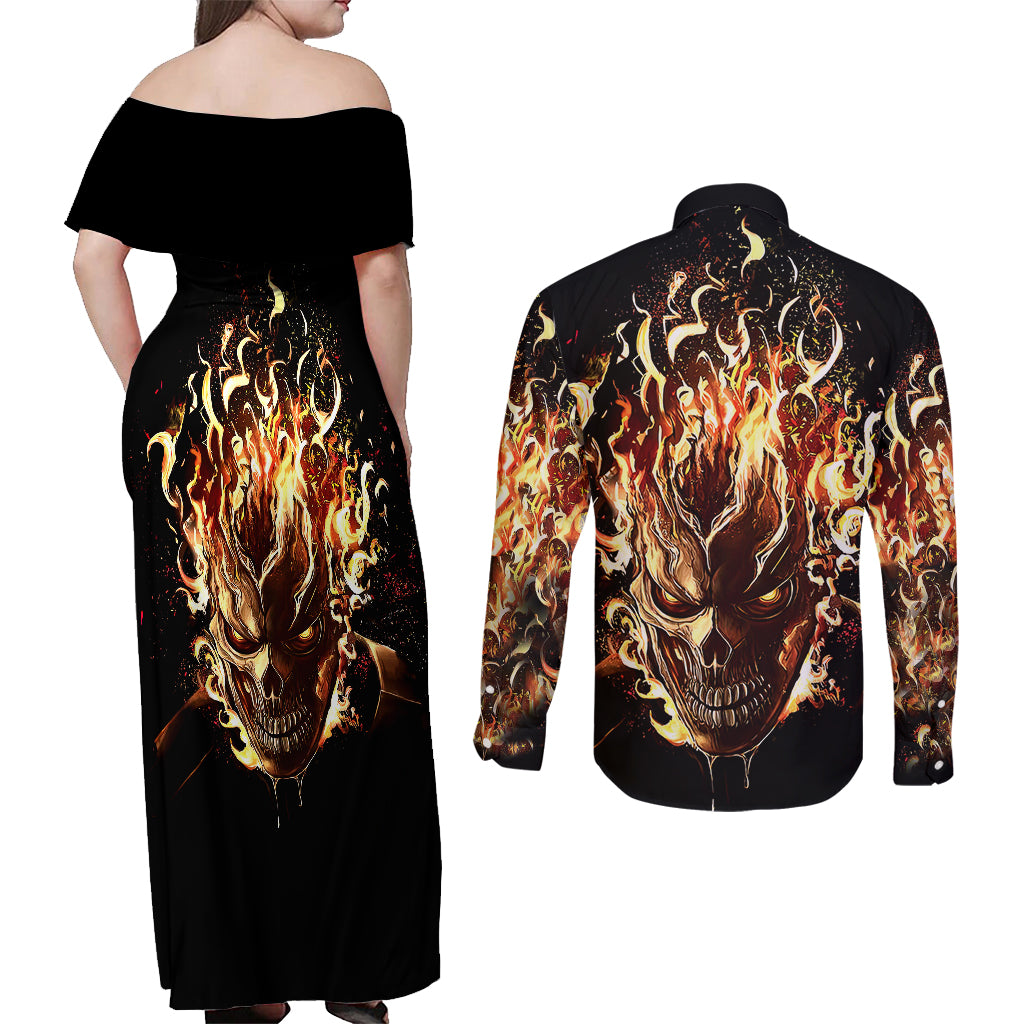 Fire Skull Couples Matching Off Shoulder Maxi Dress and Long Sleeve Button Shirts Flame SKull Ride Or Die - Wonder Print Shop