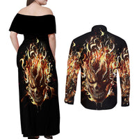 Fire Skull Couples Matching Off Shoulder Maxi Dress and Long Sleeve Button Shirts Flame SKull Ride Or Die - Wonder Print Shop
