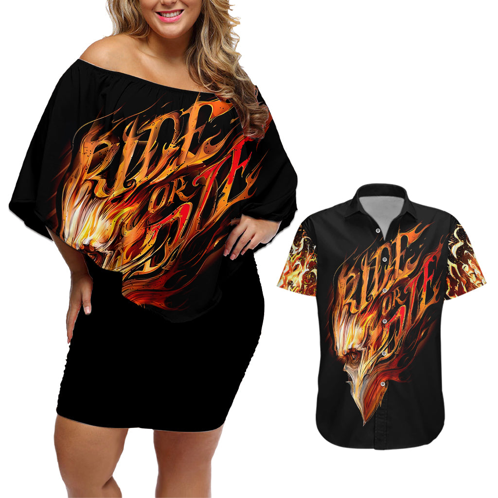 Fire Skull Couples Matching Off Shoulder Short Dress and Hawaiian Shirt Flame SKull Ride Or Die - Wonder Print Shop