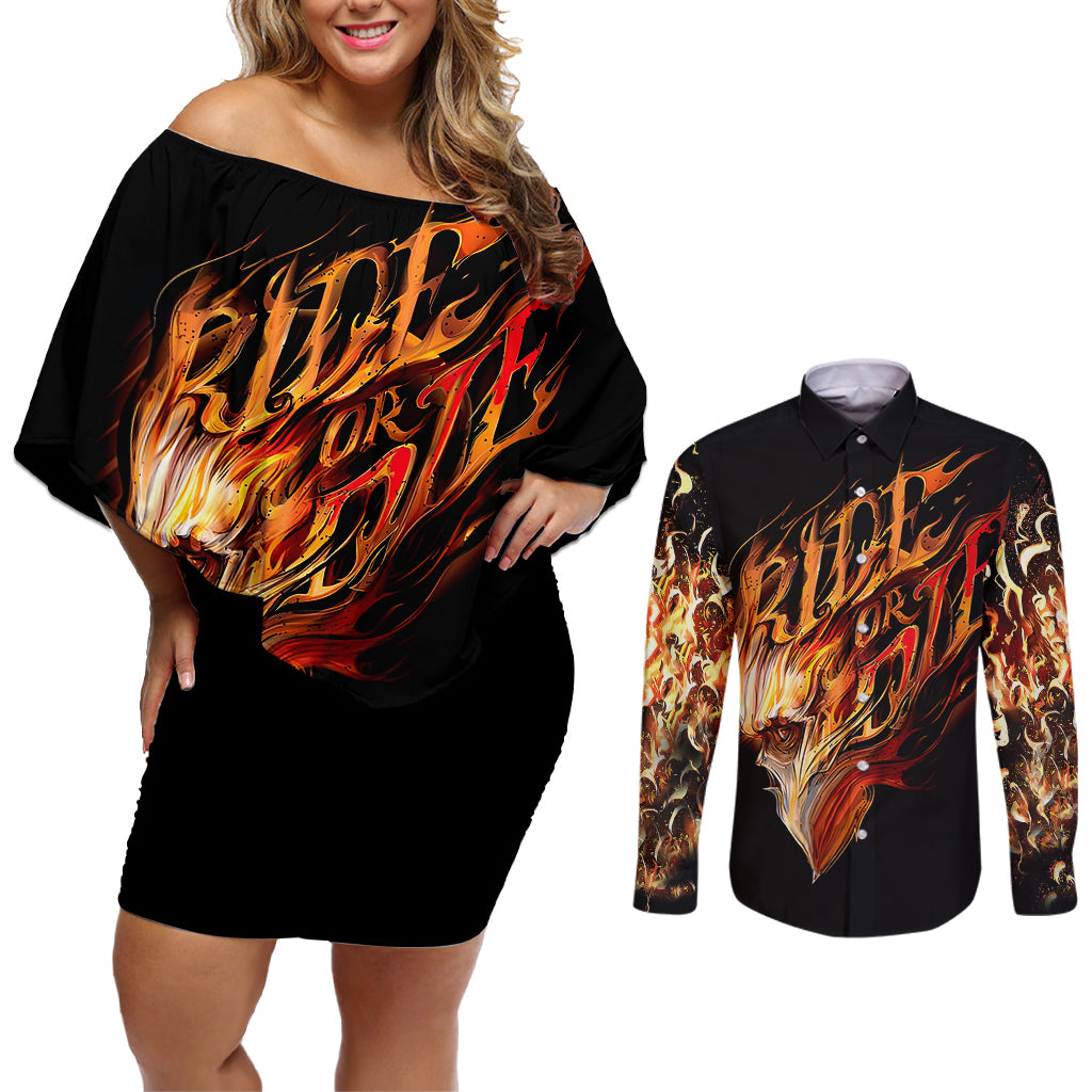 Fire Skull Couples Matching Off Shoulder Short Dress and Long Sleeve Button Shirts Flame SKull Ride Or Die - Wonder Print Shop