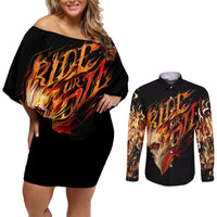 Fire Skull Couples Matching Off Shoulder Short Dress and Long Sleeve Button Shirts Flame SKull Ride Or Die - Wonder Print Shop