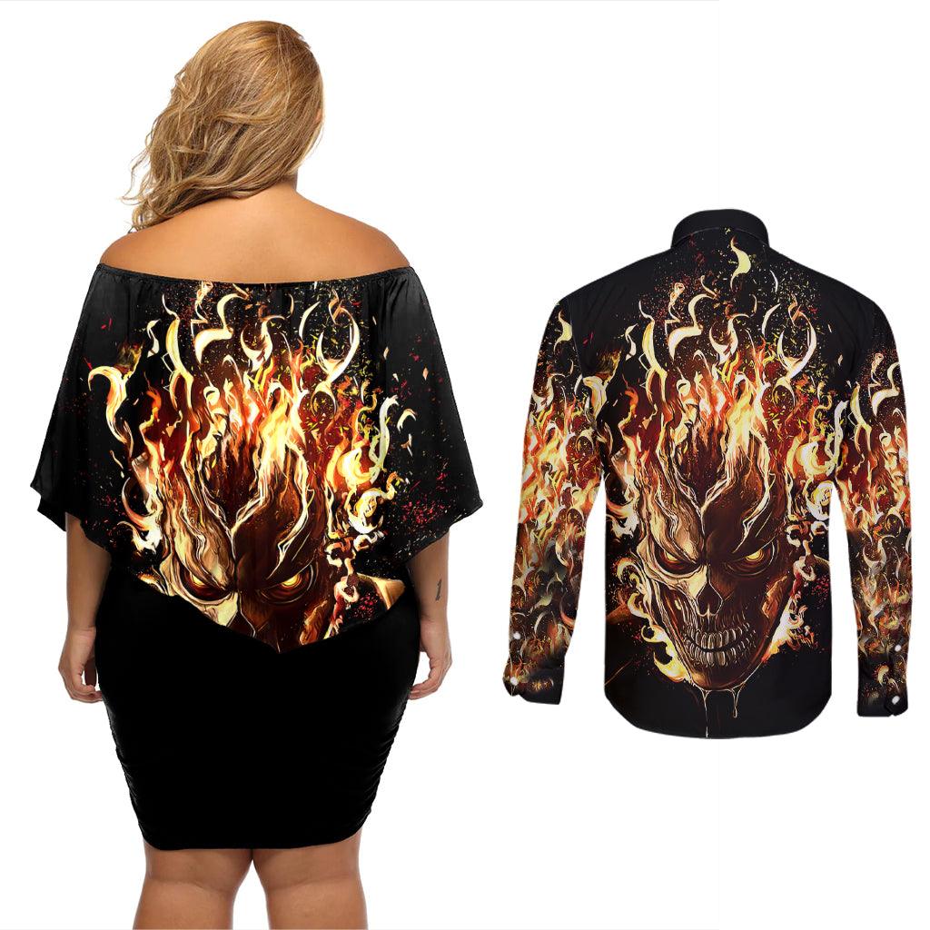 Fire Skull Couples Matching Off Shoulder Short Dress and Long Sleeve Button Shirts Flame SKull Ride Or Die - Wonder Print Shop