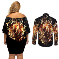 Fire Skull Couples Matching Off Shoulder Short Dress and Long Sleeve Button Shirts Flame SKull Ride Or Die - Wonder Print Shop