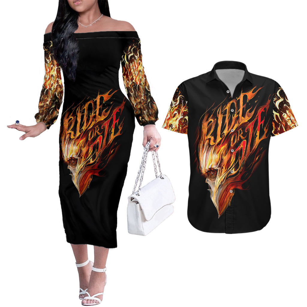 Fire Skull Couples Matching Off The Shoulder Long Sleeve Dress and Hawaiian Shirt Flame SKull Ride Or Die - Wonder Print Shop