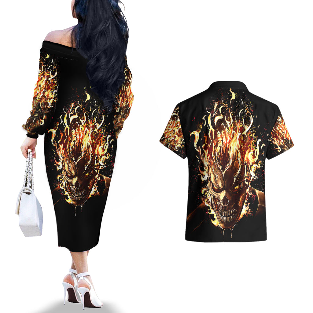 Fire Skull Couples Matching Off The Shoulder Long Sleeve Dress and Hawaiian Shirt Flame SKull Ride Or Die - Wonder Print Shop