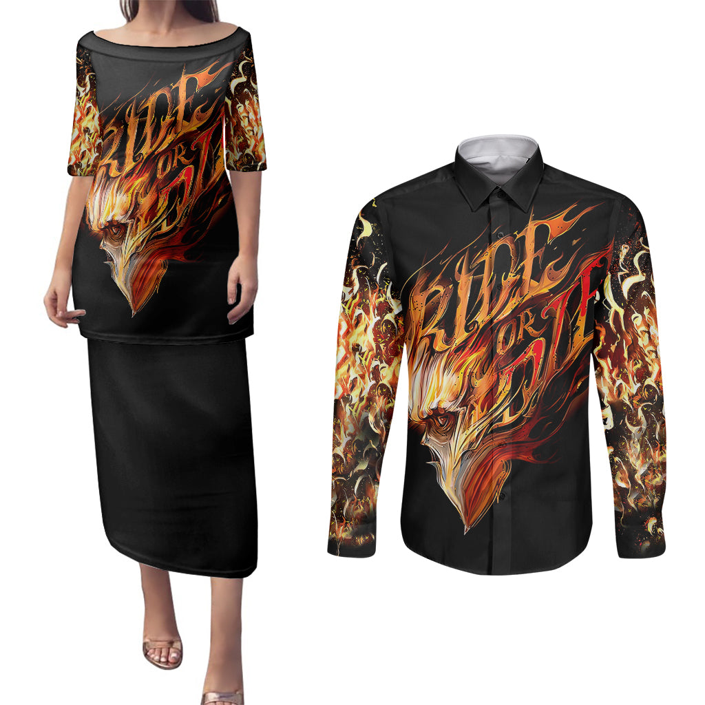 Fire Skull Couples Matching Puletasi Dress and Long Sleeve Button Shirts Flame SKull Ride Or Die - Wonder Print Shop