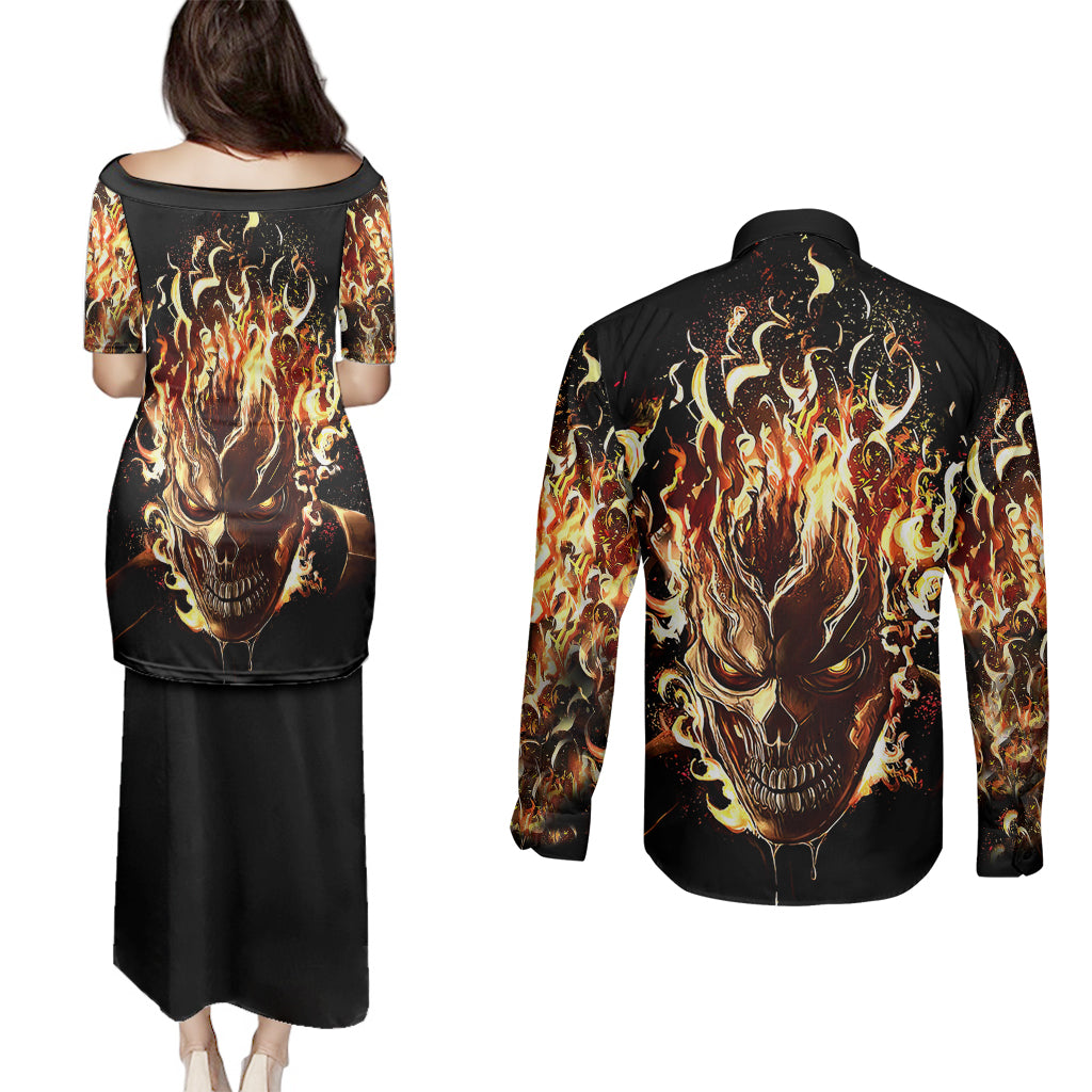 Fire Skull Couples Matching Puletasi Dress and Long Sleeve Button Shirts Flame SKull Ride Or Die - Wonder Print Shop