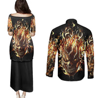 Fire Skull Couples Matching Puletasi Dress and Long Sleeve Button Shirts Flame SKull Ride Or Die - Wonder Print Shop