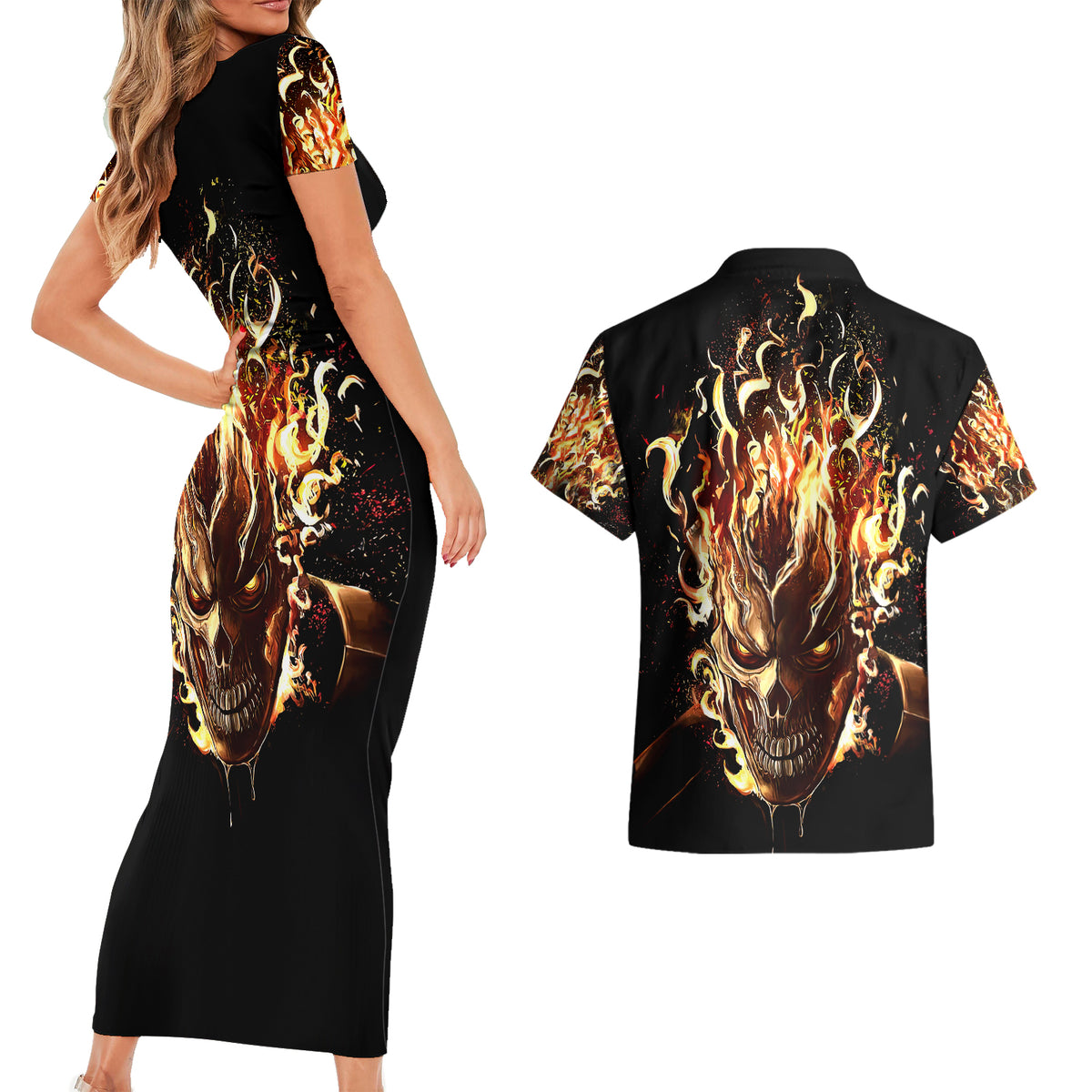 Fire Skull Couples Matching Short Sleeve Bodycon Dress and Hawaiian Shirt Flame SKull Ride Or Die - Wonder Print Shop