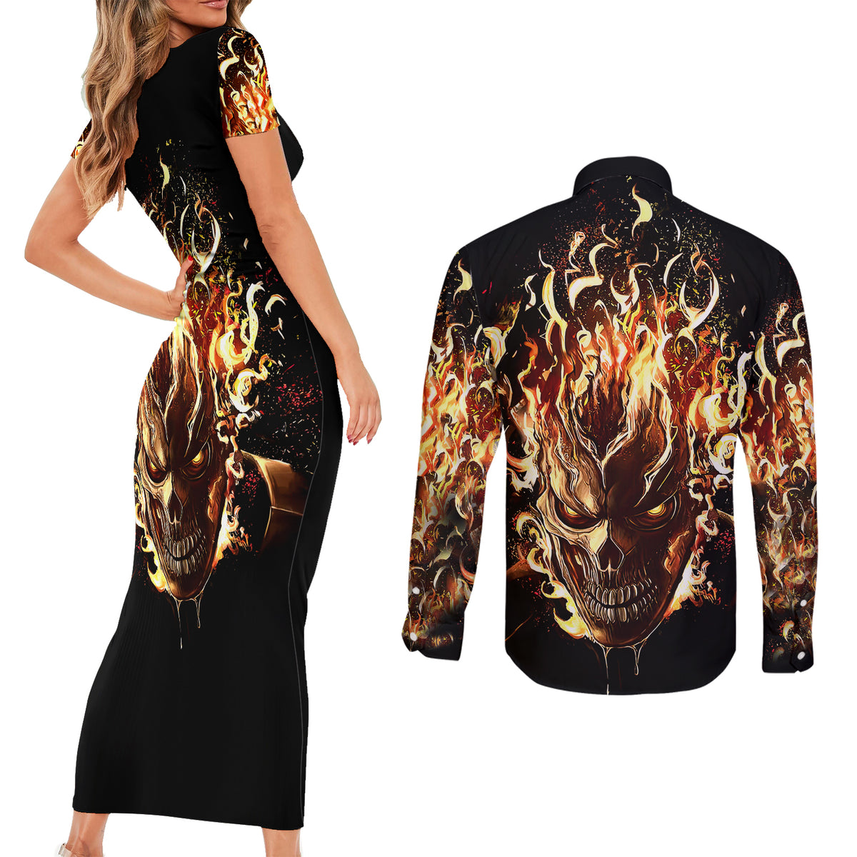 Fire Skull Couples Matching Short Sleeve Bodycon Dress and Long Sleeve Button Shirts Flame SKull Ride Or Die - Wonder Print Shop