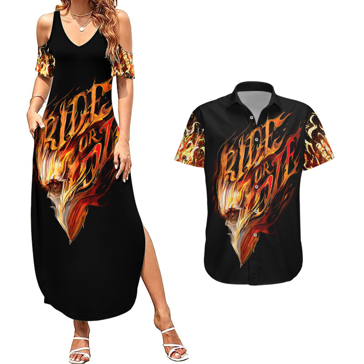 Fire Skull Couples Matching Summer Maxi Dress and Hawaiian Shirt Flame SKull Ride Or Die - Wonder Print Shop