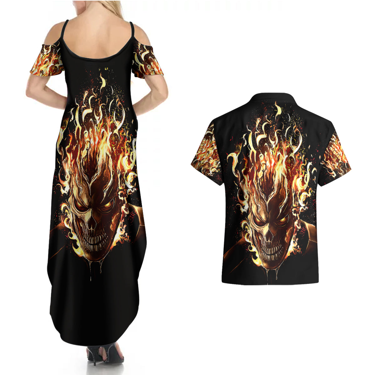Fire Skull Couples Matching Summer Maxi Dress and Hawaiian Shirt Flame SKull Ride Or Die - Wonder Print Shop