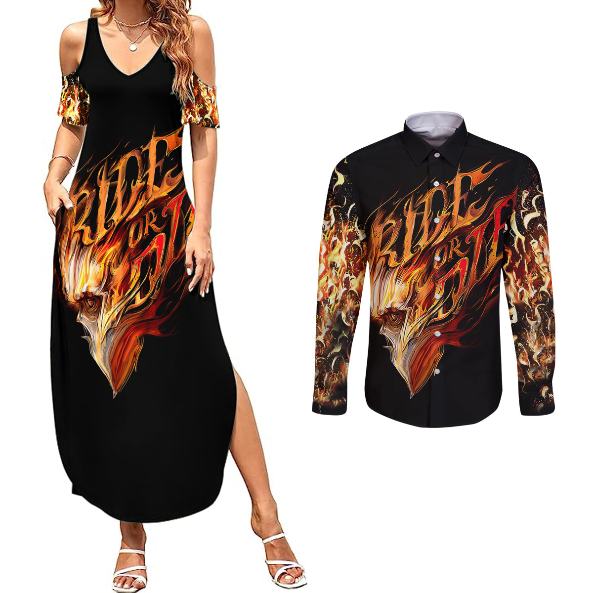 Fire Skull Couples Matching Summer Maxi Dress and Long Sleeve Button Shirts Flame SKull Ride Or Die - Wonder Print Shop