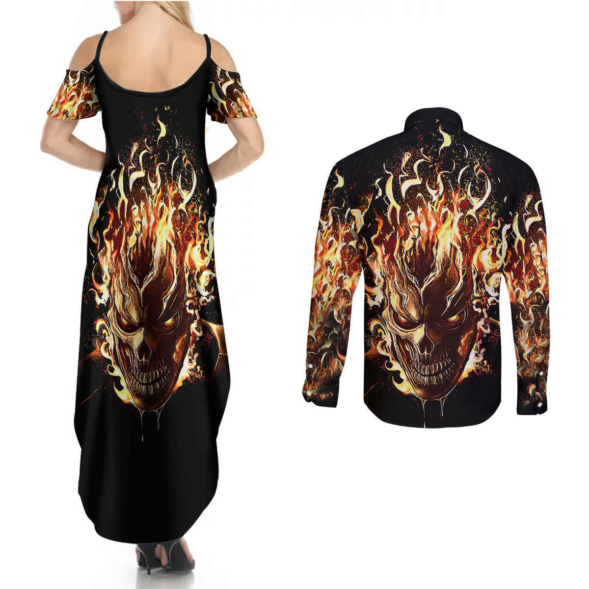 Fire Skull Couples Matching Summer Maxi Dress and Long Sleeve Button Shirts Flame SKull Ride Or Die - Wonder Print Shop