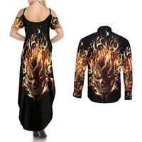 Fire Skull Couples Matching Summer Maxi Dress and Long Sleeve Button Shirts Flame SKull Ride Or Die - Wonder Print Shop