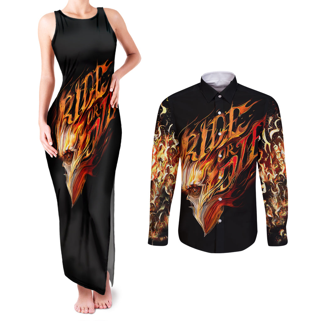 Fire Skull Couples Matching Tank Maxi Dress and Long Sleeve Button Shirts Flame SKull Ride Or Die - Wonder Print Shop
