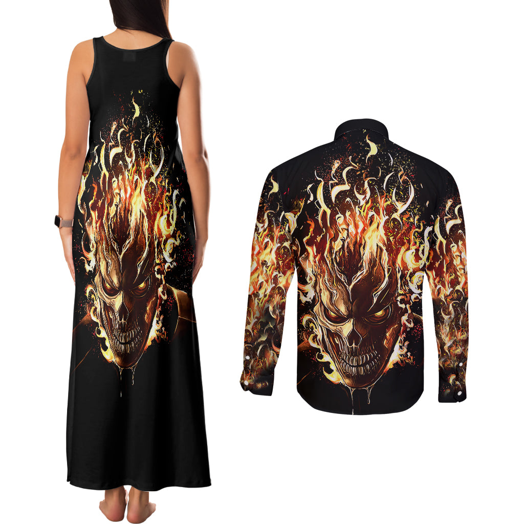 Fire Skull Couples Matching Tank Maxi Dress and Long Sleeve Button Shirts Flame SKull Ride Or Die - Wonder Print Shop