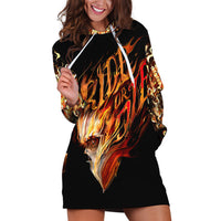 Black hoodie dress with bold flame skull graphic and long sleeves