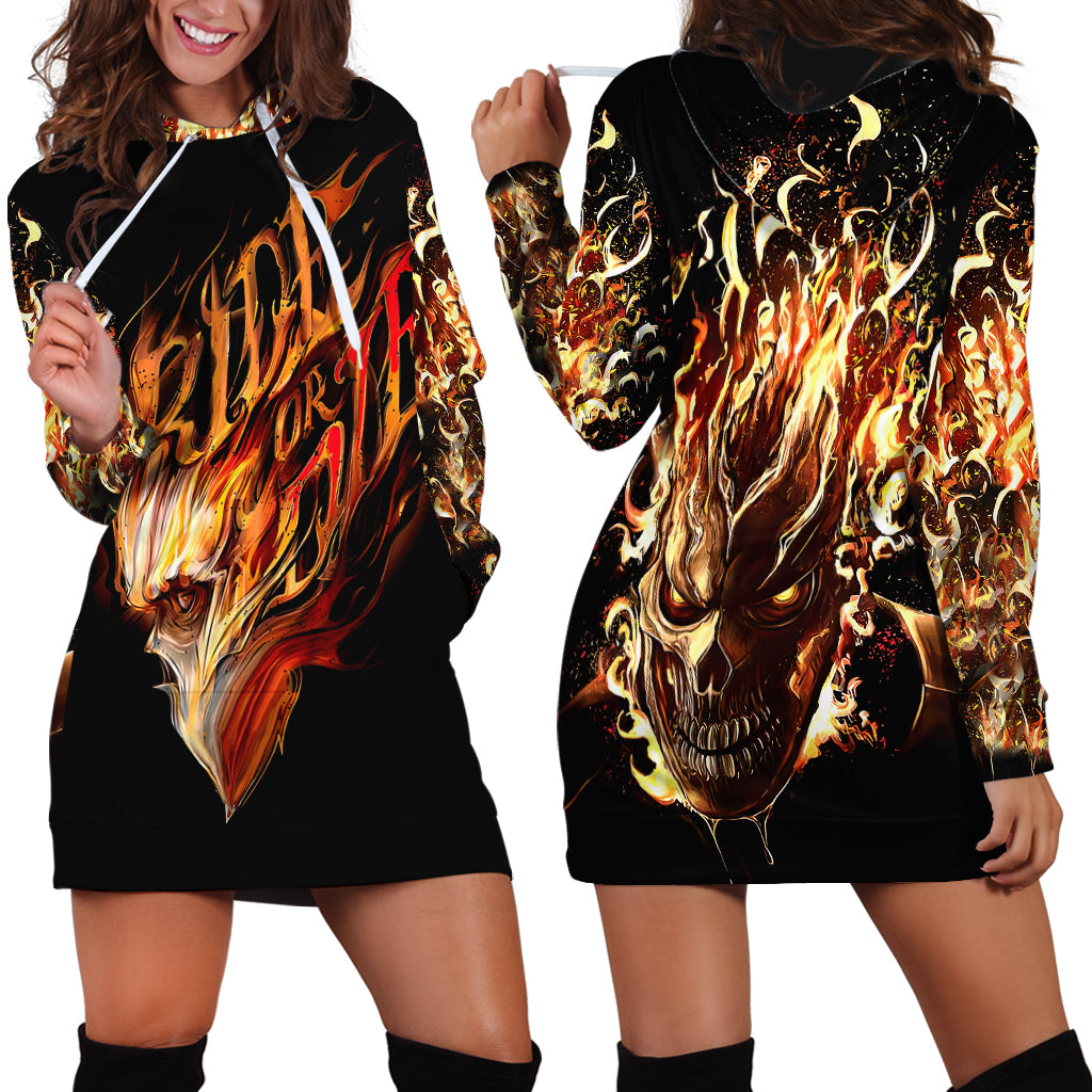 Black hoodie dress with flame skull graphic front and back, short hem