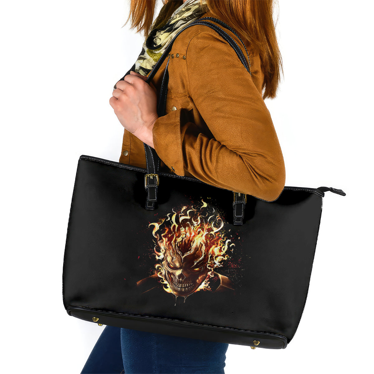 Fire Skull Leather Tote Bag Flame SKull Ride Or Die - Wonder Print Shop