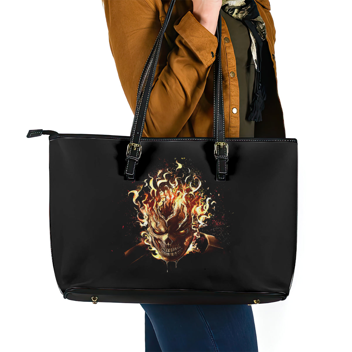 Fire Skull Leather Tote Bag Flame SKull Ride Or Die - Wonder Print Shop