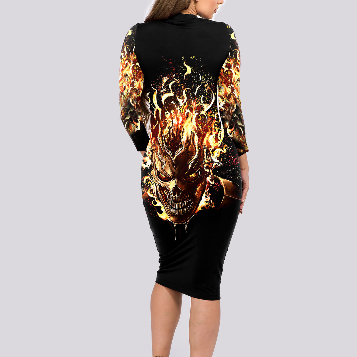 Fire Skull Long Sleeve Bodycon Dress Flame SKull Ride Or Die - Wonder Print Shop