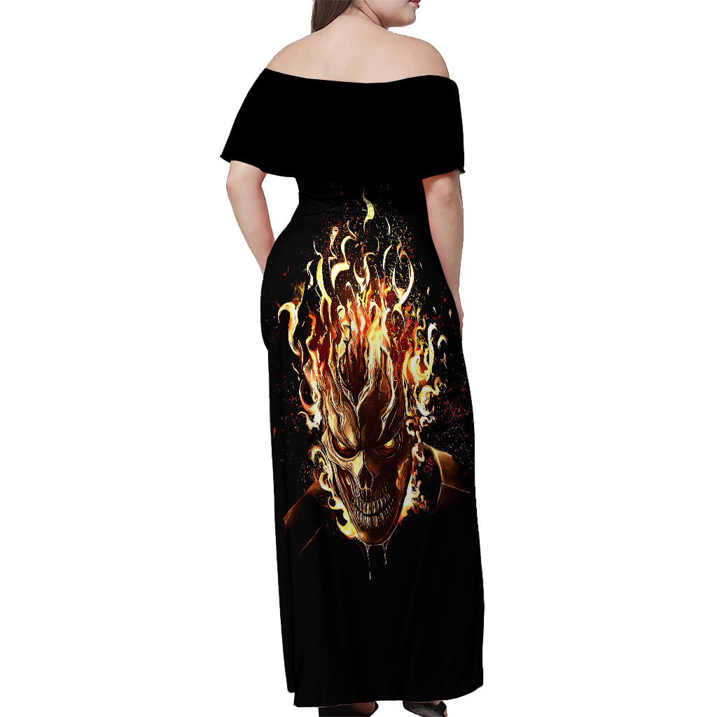 Fire Skull Off Shoulder Maxi Dress Flame SKull Ride Or Die - Wonder Print Shop