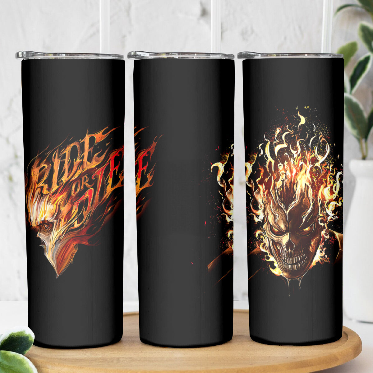 Fire Skull Skinny Tumbler Flame SKull Ride Or Die - Wonder Print Shop