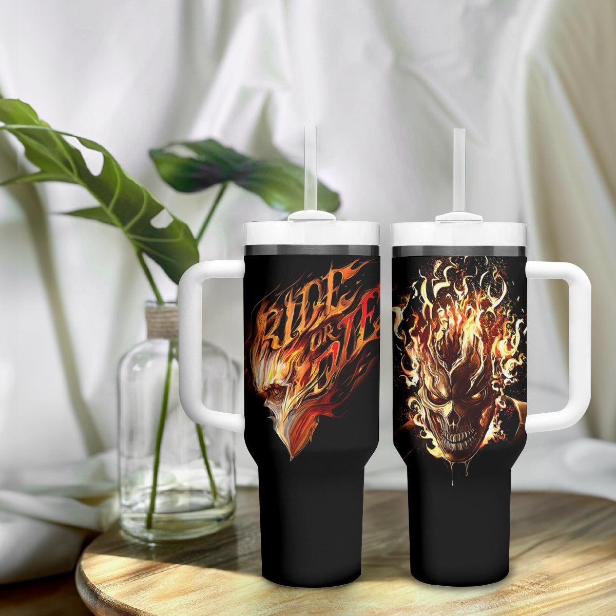 Fire Skull Tumbler With Handle Flame SKull Ride Or Die - Wonder Print Shop