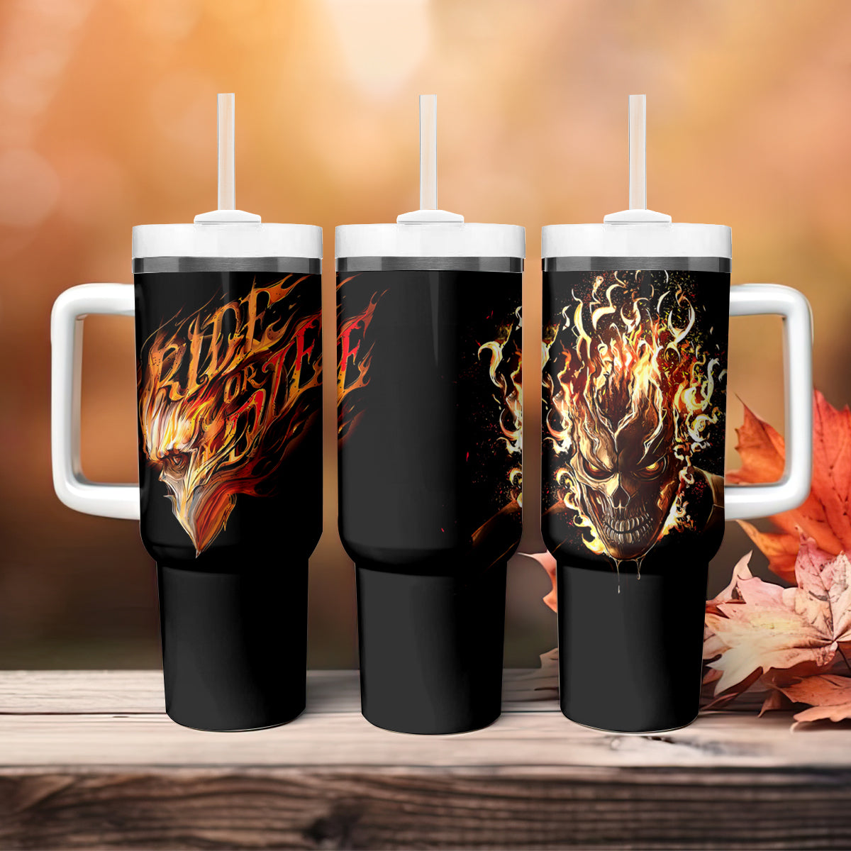 Fire Skull Tumbler With Handle Flame SKull Ride Or Die - Wonder Print Shop