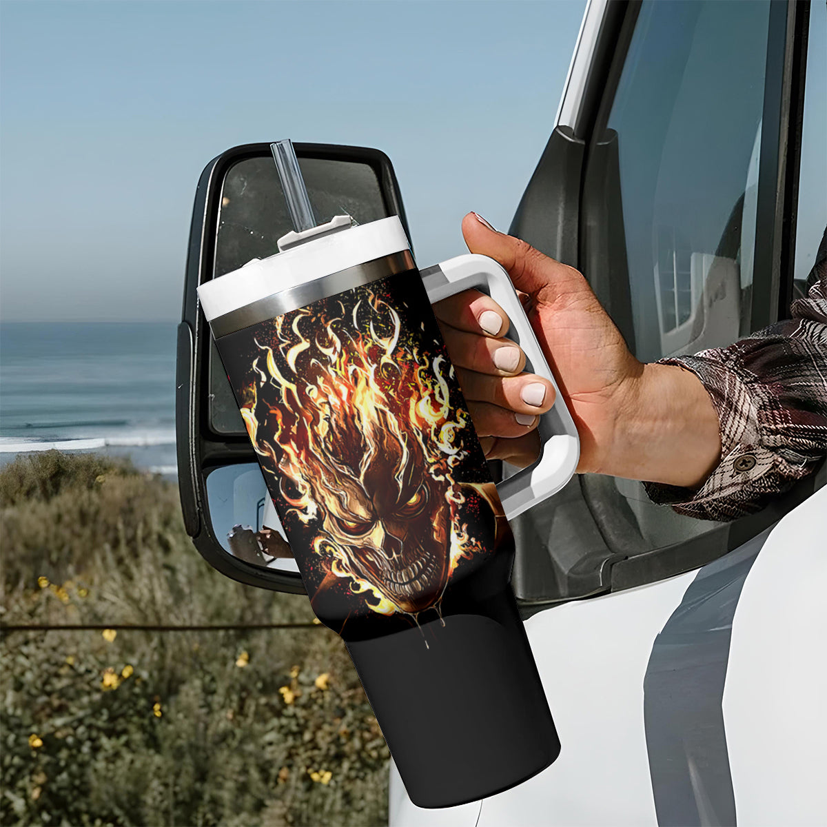 Fire Skull Tumbler With Handle Flame SKull Ride Or Die - Wonder Print Shop