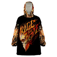 Black flame skull wearable blanket hoodie with hood and pocket pouch