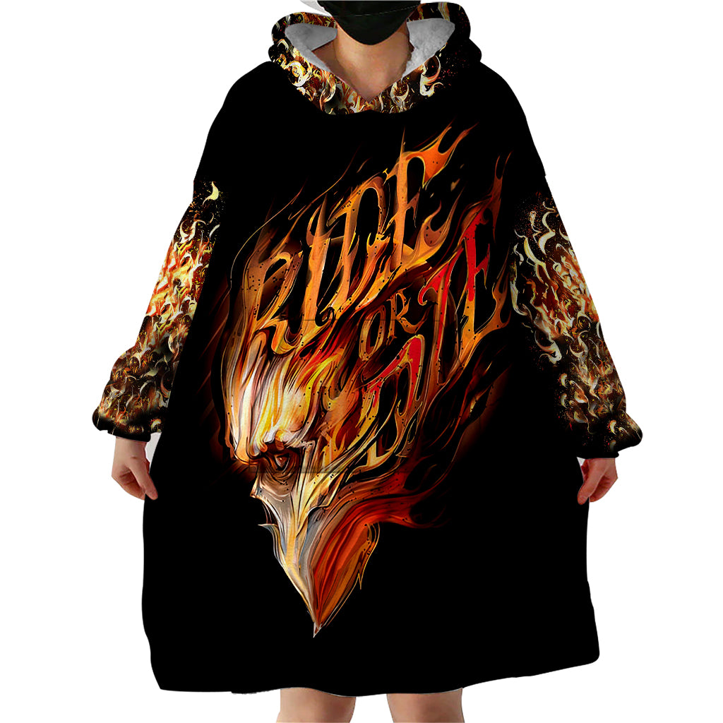 Black flame skull wearable blanket hoodie with large front flame graphic and hood