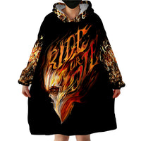 Black flame skull wearable blanket hoodie with large front flame graphic and hood