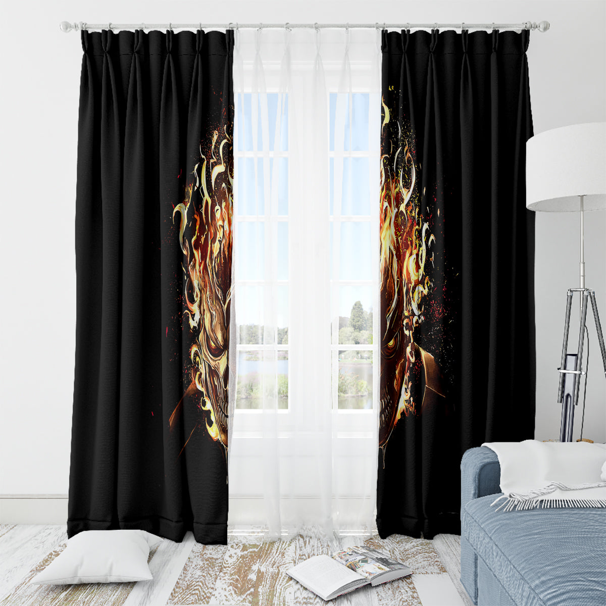 Fire Skull Window Curtain Flame SKull Ride Or Die - Wonder Print Shop