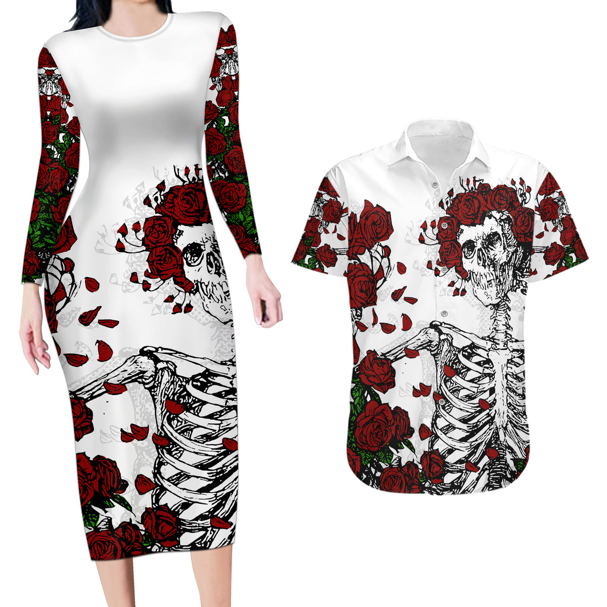 Rose Skull Couples Matching Long Sleeve Bodycon Dress and Hawaiian Shirt Rose Skull Day Of The Dead - Wonder Print Shop