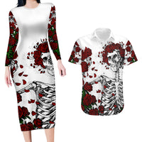 Rose Skull Couples Matching Long Sleeve Bodycon Dress and Hawaiian Shirt Rose Skull Day Of The Dead - Wonder Print Shop