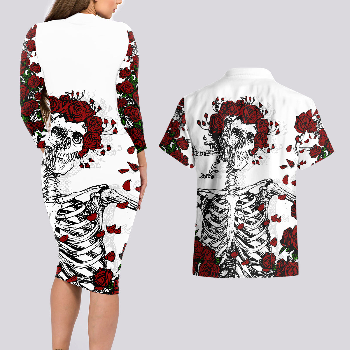 Rose Skull Couples Matching Long Sleeve Bodycon Dress and Hawaiian Shirt Rose Skull Day Of The Dead - Wonder Print Shop
