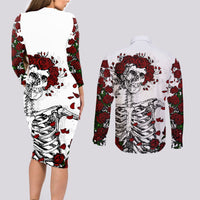 Rose Skull Couples Matching Long Sleeve Bodycon Dress and Long Sleeve Button Shirts Rose Skull Day Of The Dead - Wonder Print Shop