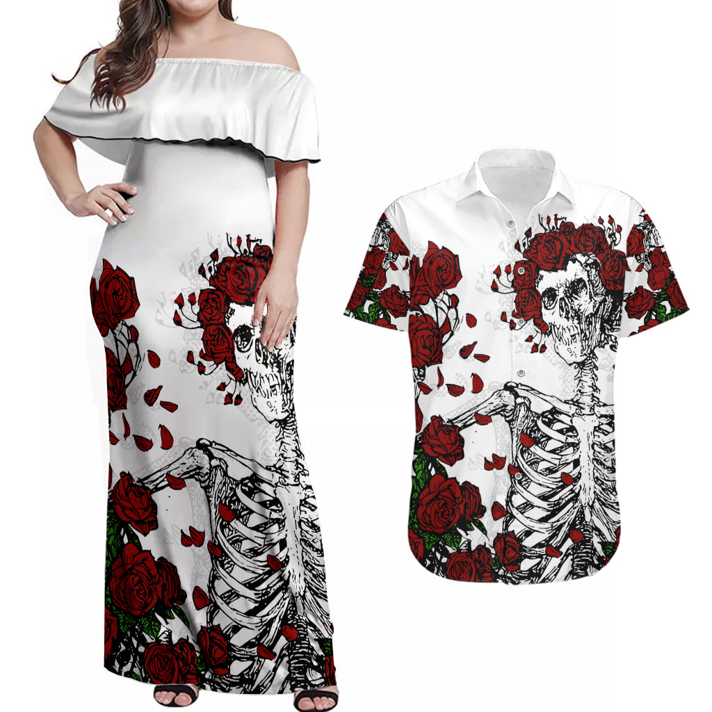 Rose Skull Couples Matching Off Shoulder Maxi Dress and Hawaiian Shirt Rose Skull Day Of The Dead - Wonder Print Shop