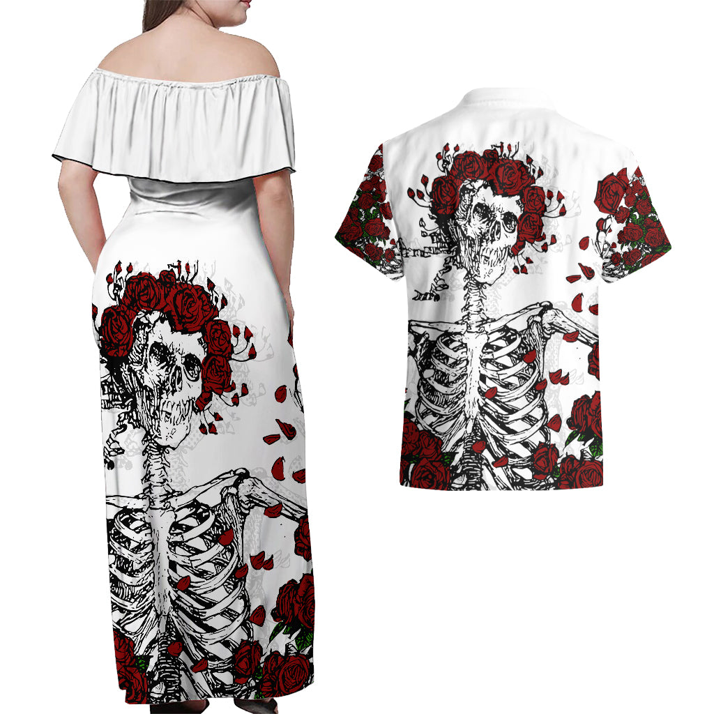 Rose Skull Couples Matching Off Shoulder Maxi Dress and Hawaiian Shirt Rose Skull Day Of The Dead - Wonder Print Shop